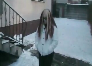 Wintertime poo action even if she is outdoor