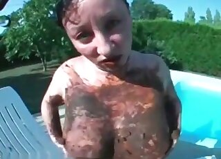 Solo poolside action with one very thick cougar